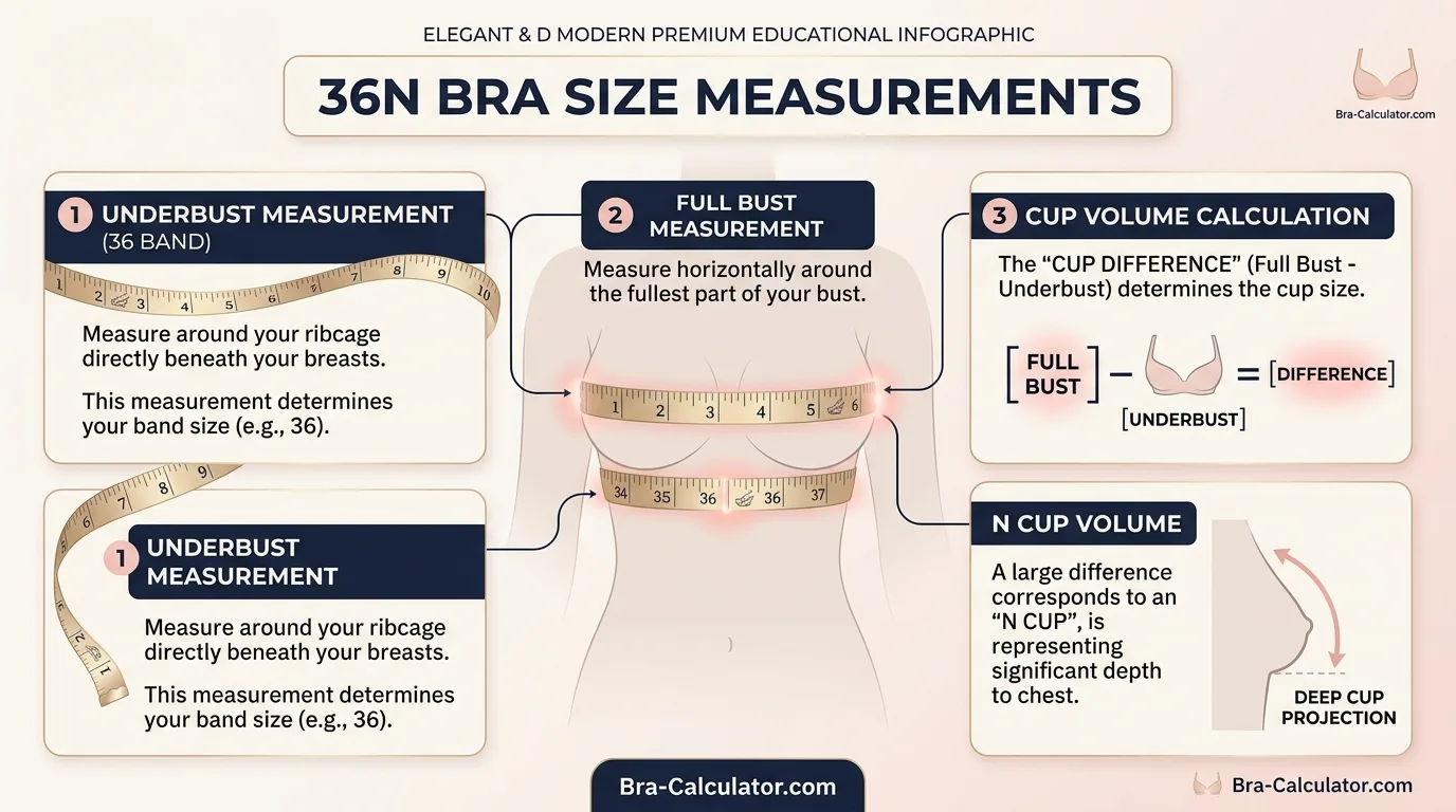 36N bra size measurement infographic showing 31 to 32 inch underbust and 46 to 47 inch full bust with 15 inch cup difference