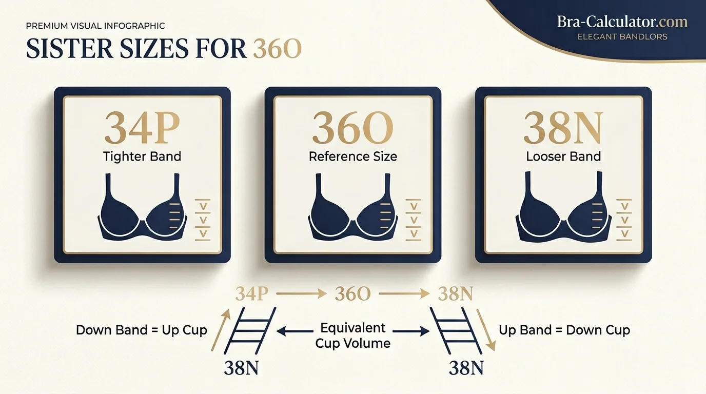 36O bra size visual comparison showing 34P 36O and 38N sister sizes with similar cup volume and different band fit