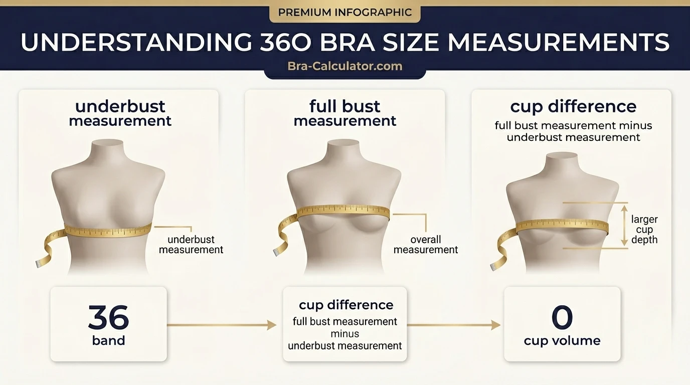 36O bra size measurement infographic showing 31 to 32 inch underbust and 47 to 48 inch full bust with 16 inch cup difference