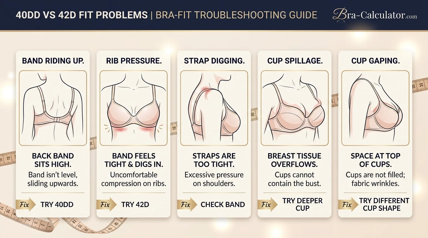 40DD vs 42D fit problem diagram showing band riding up rib pressure strap digging and cup spillage