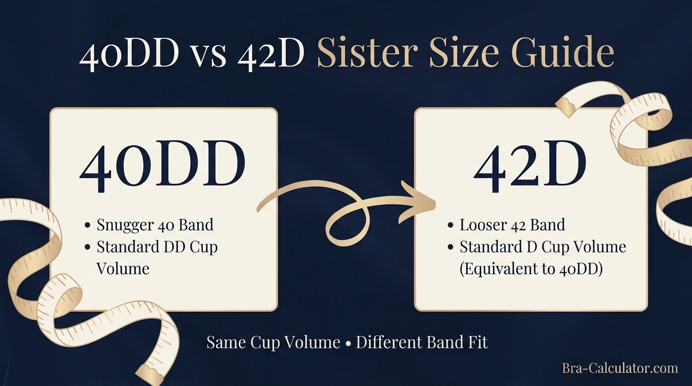 40DD vs 42D sister size hero comparison graphic with navy and gold Bra Calculator branding