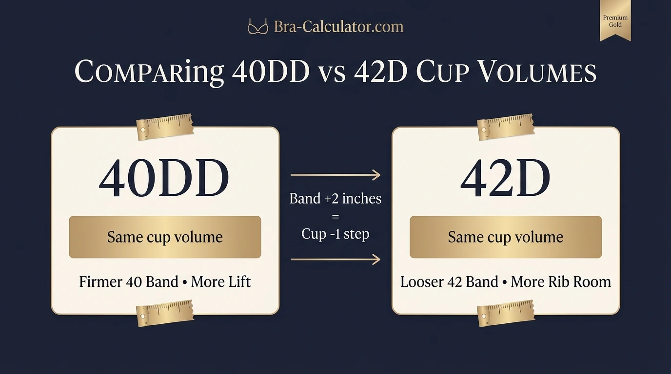 40DD vs 42D cup volume comparison infographic showing same cup volume with different band size