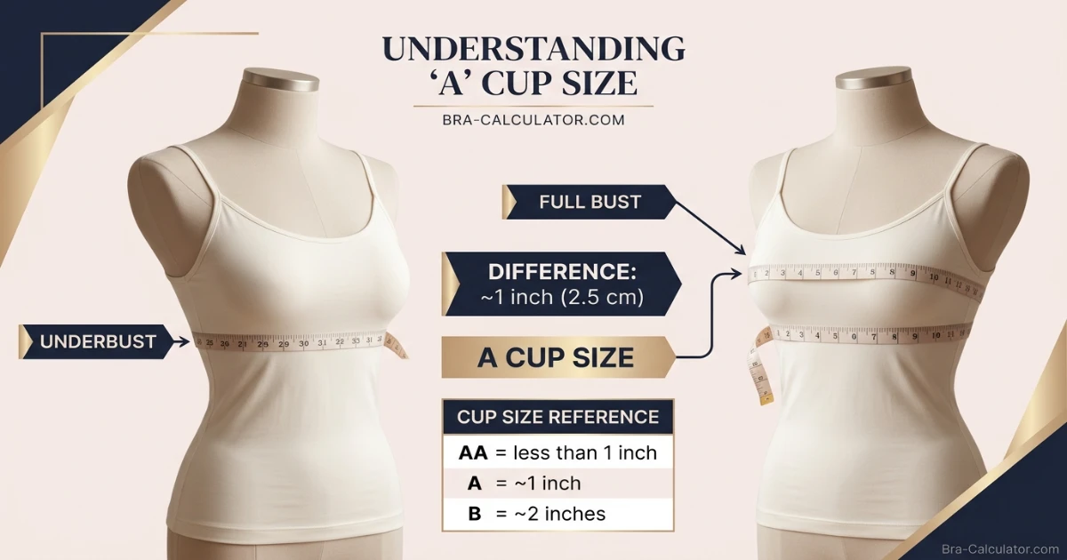 A cup size measurement infographic showing 1 inch difference between underbust and full bust with soft tape measure