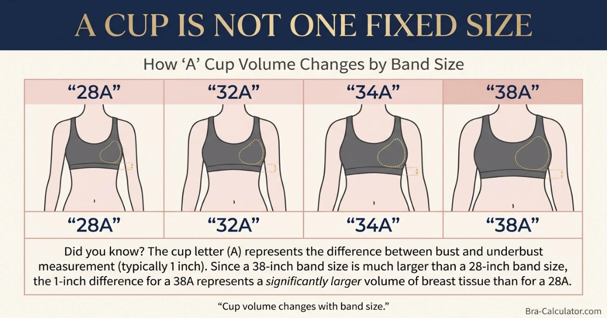 A cup size visual comparison on different band sizes showing 28A 32A 34A and 38A cup volume differences