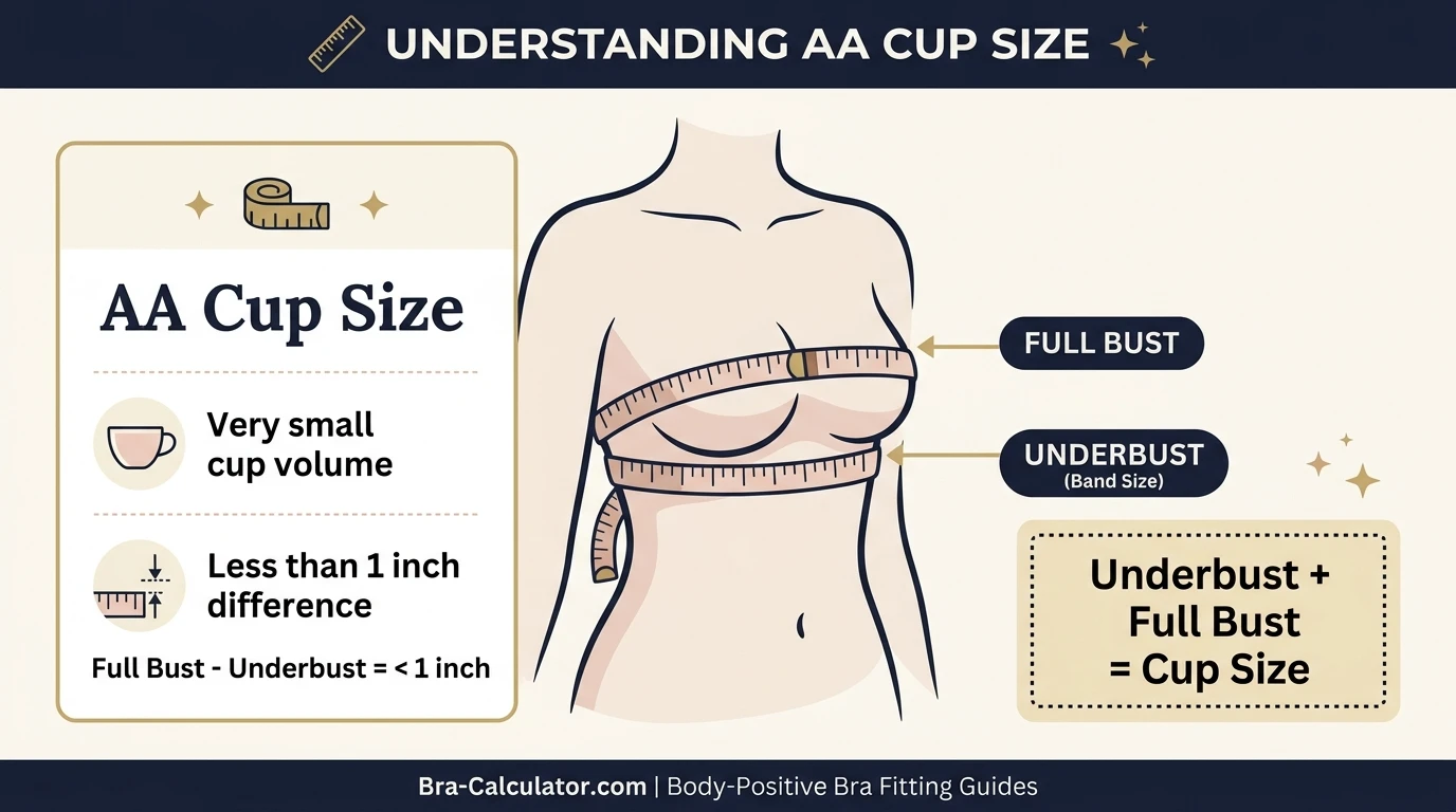 AA cup size measurement infographic showing less than 1 inch difference between underbust and full bust with soft tape measure