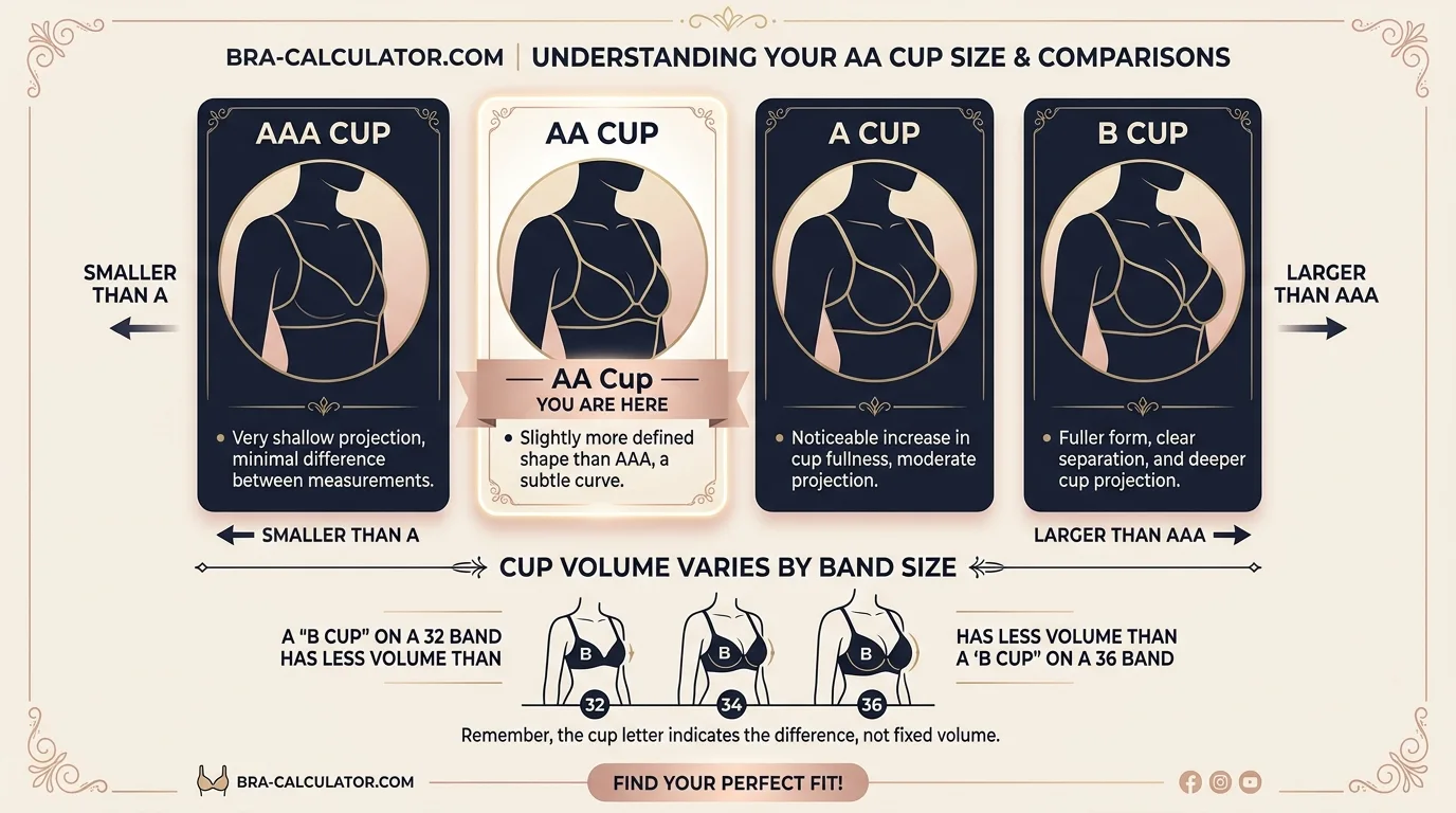AA cup visual comparison on different band sizes showing 28AA 32AA 34AA and 38AA cup volume differences