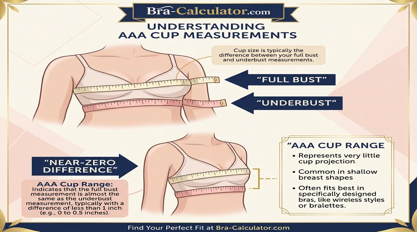 AAA cup size measurement infographic showing almost no difference between underbust and full bust with soft tape measure