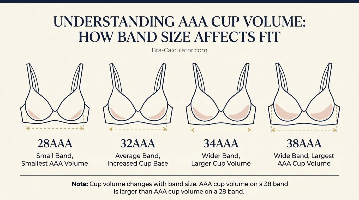 AAA cup visual comparison on different band sizes showing 28AAA 32AAA 34AAA and 38AAA cup volume differences