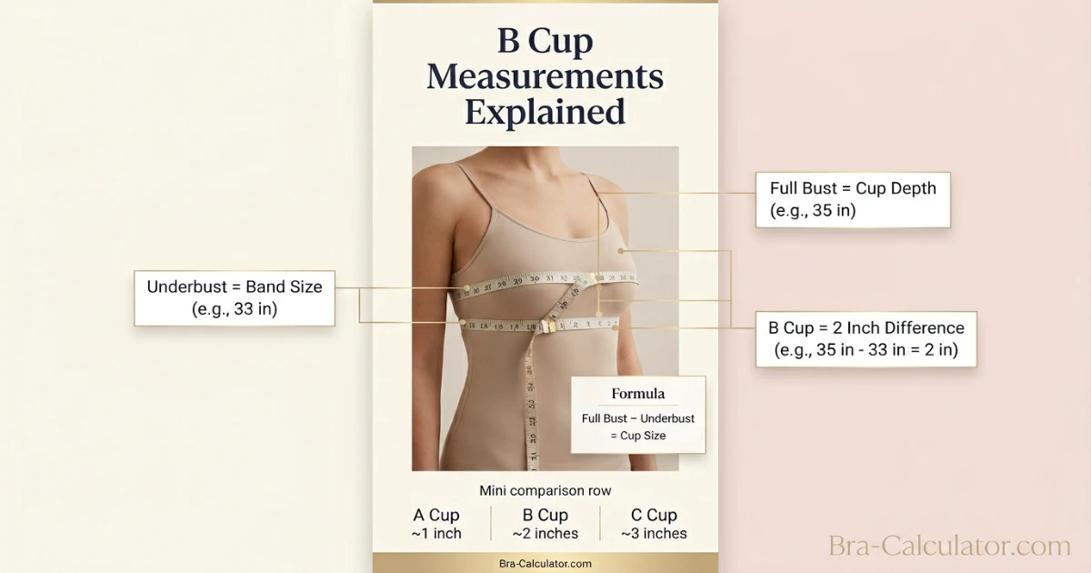 B cup size measurement infographic showing 2 inch difference between underbust and full bust with soft tape measure