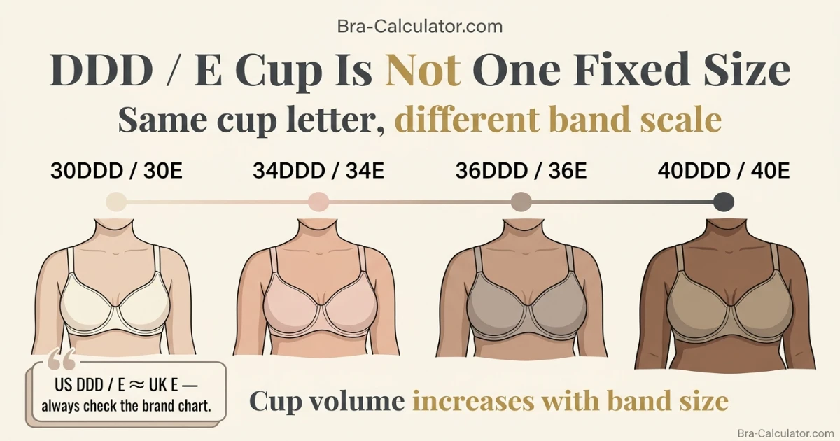 DDD E cup visual comparison on different band sizes showing 30DDD 34DDD 36DDD and 40DDD cup volume differences