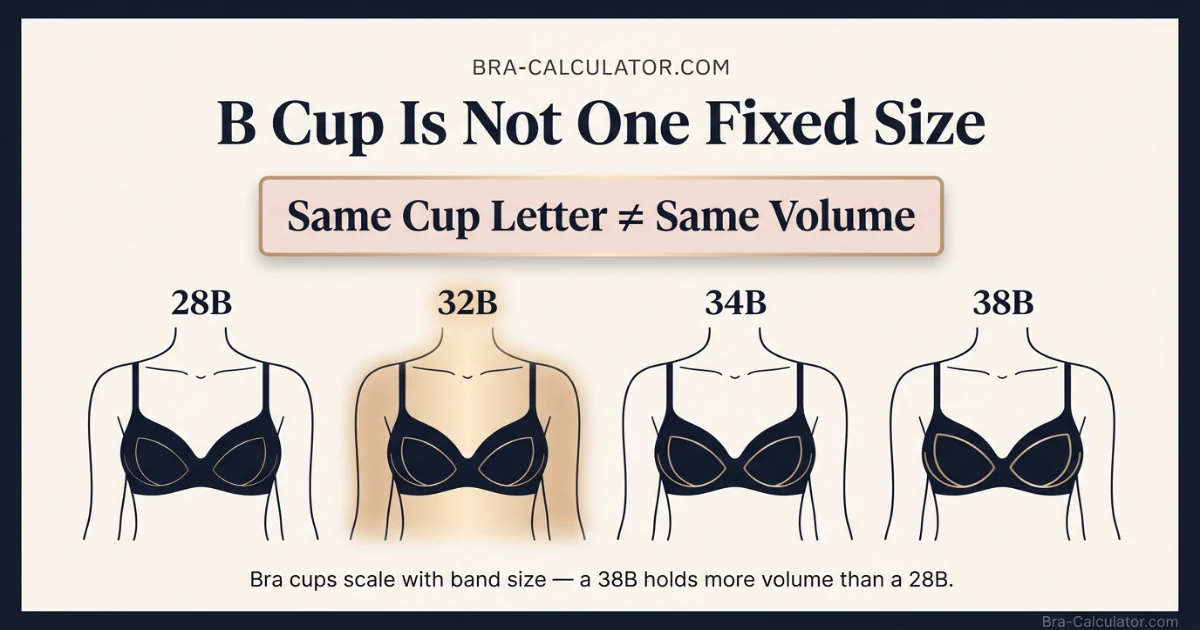 B cup visual comparison on different band sizes showing 28B 32B 34B and 38B cup volume differences