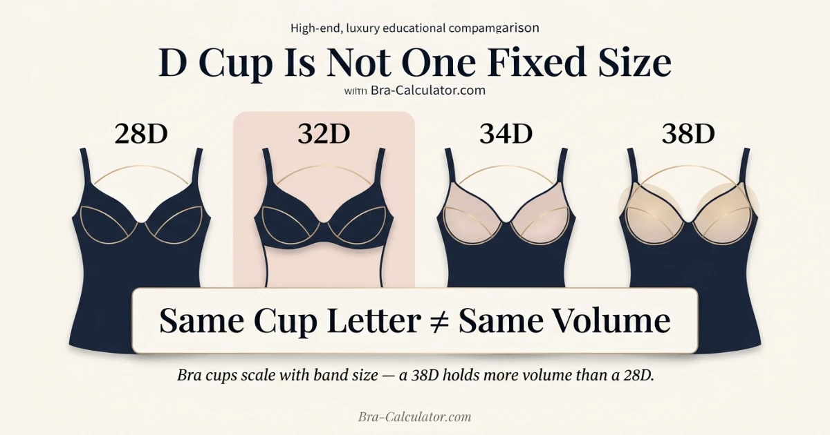 D cup visual comparison on different band sizes showing 28D 32D 34D and 38D cup volume differences
