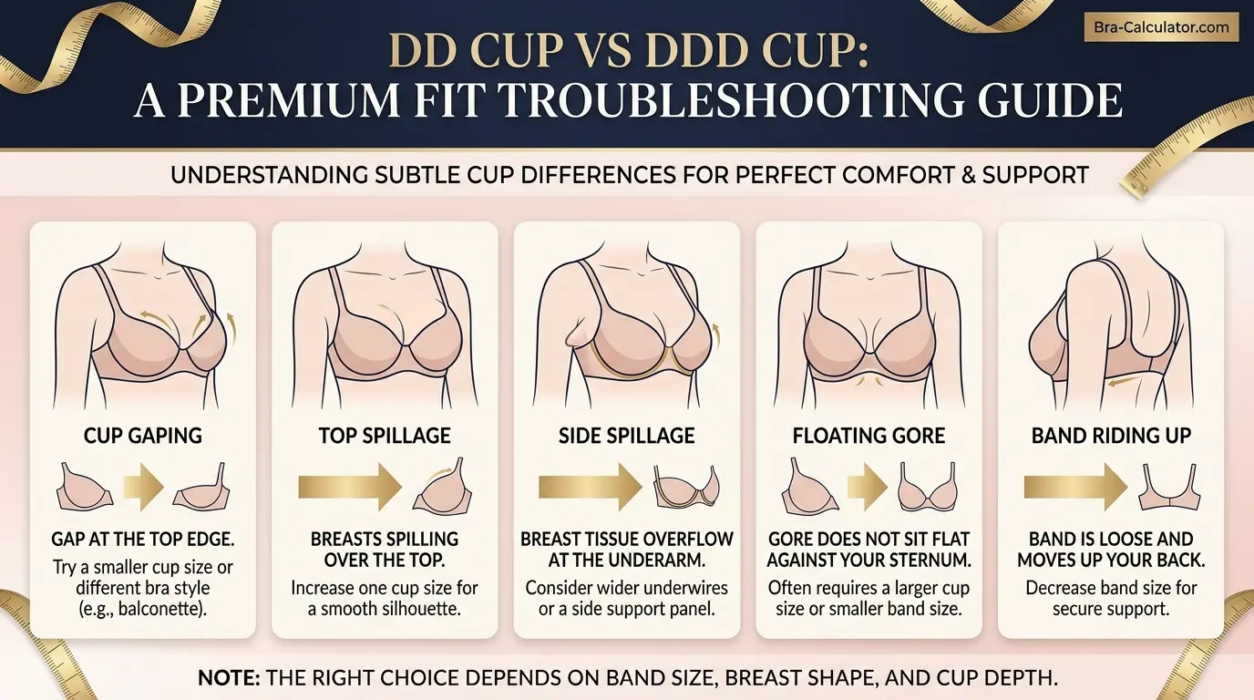 DD Cup vs DDD Cup fit problem diagram showing gaping, spillage, floating gore, and band riding up