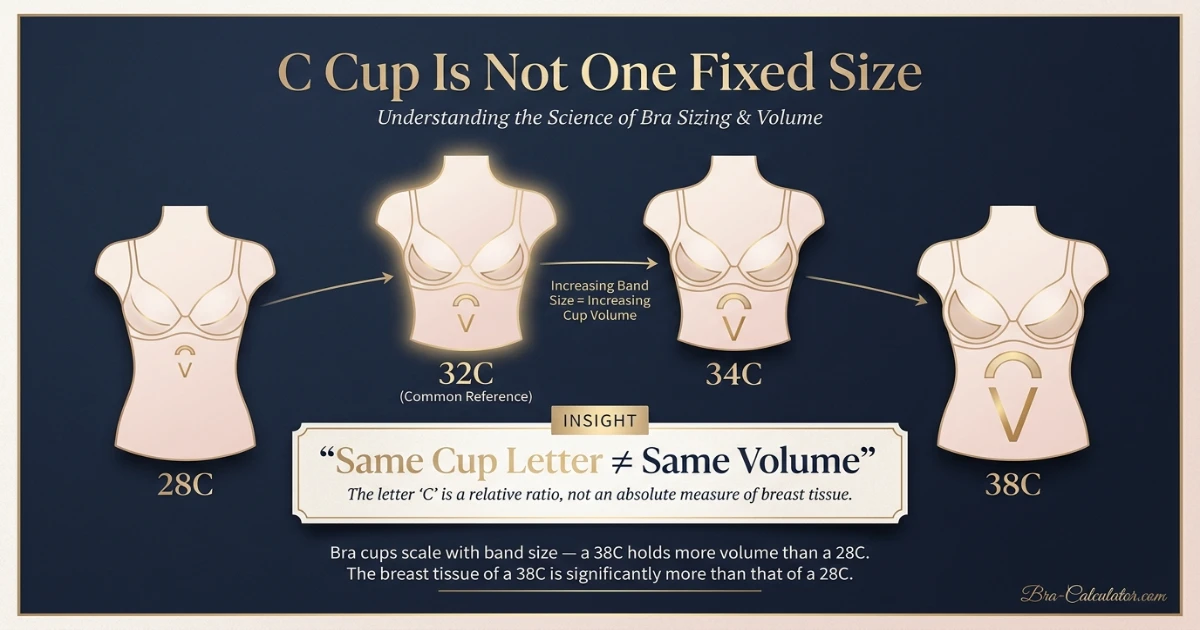 C cup visual comparison on different band sizes showing 28C 32C 34C and 38C cup volume differences