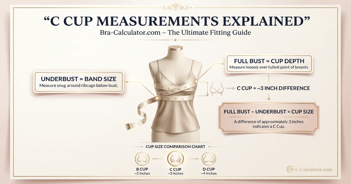 C cup size measurement infographic showing 3 inch difference between underbust and full bust with soft tape measure
