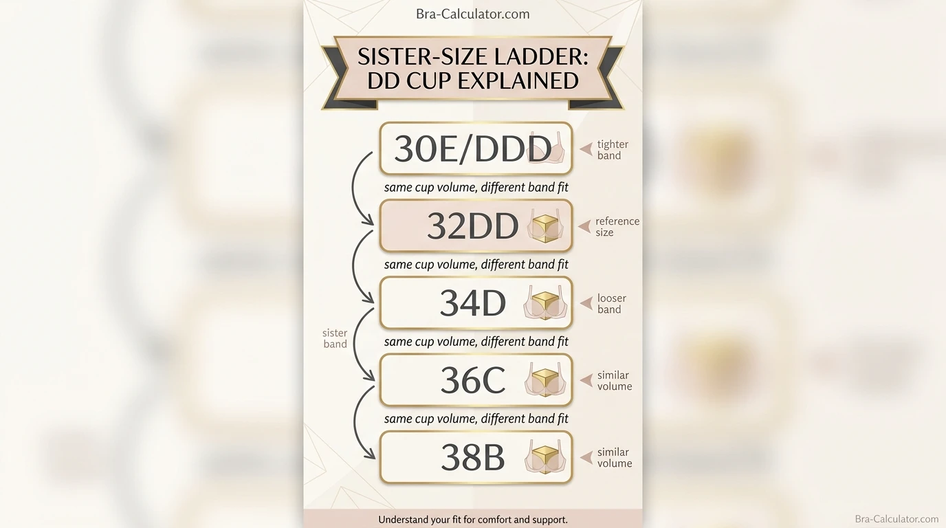 DD cup sister size ladder showing 32DD, 34D, 36C and related same-volume bra sizes