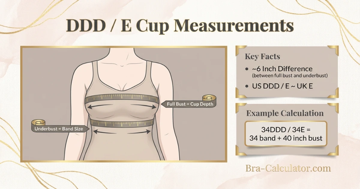 DDD E cup size measurement infographic showing 6 inch difference between underbust and full bust with soft tape measure