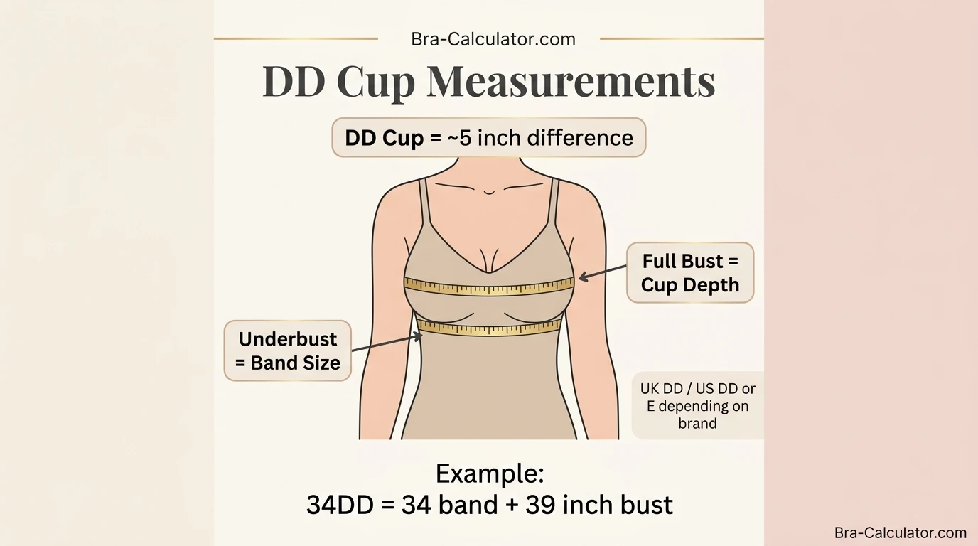 DD cup size measurement infographic showing 5 inch difference between underbust and full bust with soft tape measure