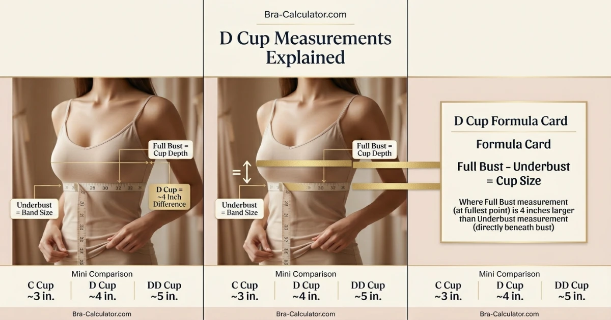 D cup size measurement infographic showing 4 inch difference between underbust and full bust with soft tape measure