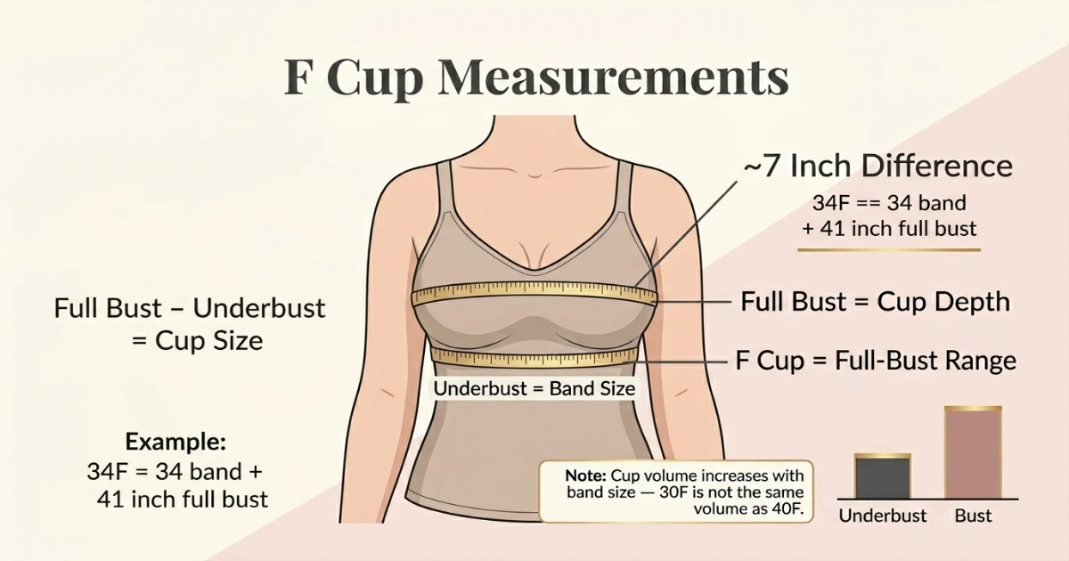 F cup size measurement infographic showing 7 inch difference between underbust and full bust with soft tape measure