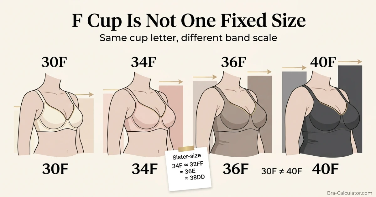 F cup visual comparison on different band sizes showing 30F 34F 36F and 40F cup volume differences