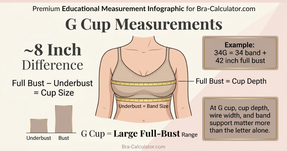 G cup size measurement infographic showing 8 inch difference between underbust and full bust with soft tape measure
