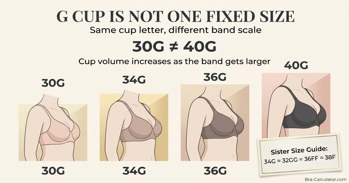 G cup visual comparison on different band sizes showing 30G 34G 36G and 40G cup volume differences