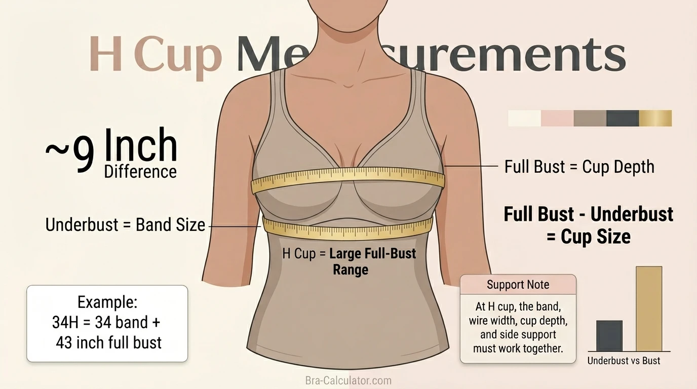 H cup size measurement infographic showing 9 inch difference between underbust and full bust with soft tape measure