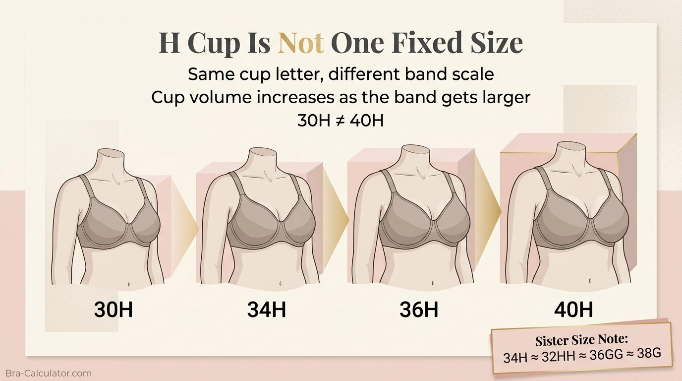 H cup visual comparison on different band sizes showing 30H 34H 36H and 40H cup volume differences
