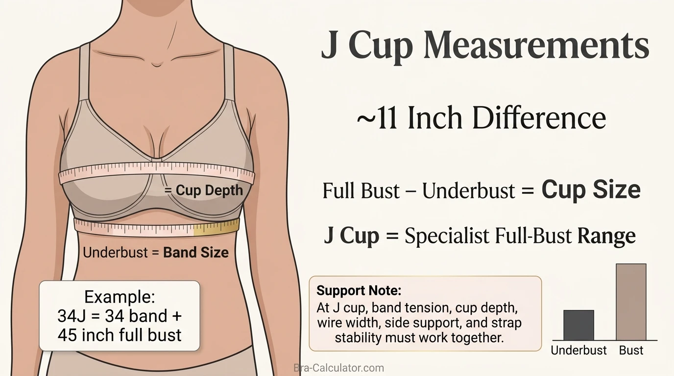 J cup size measurement infographic showing 11 inch difference between underbust and full bust with soft tape measure