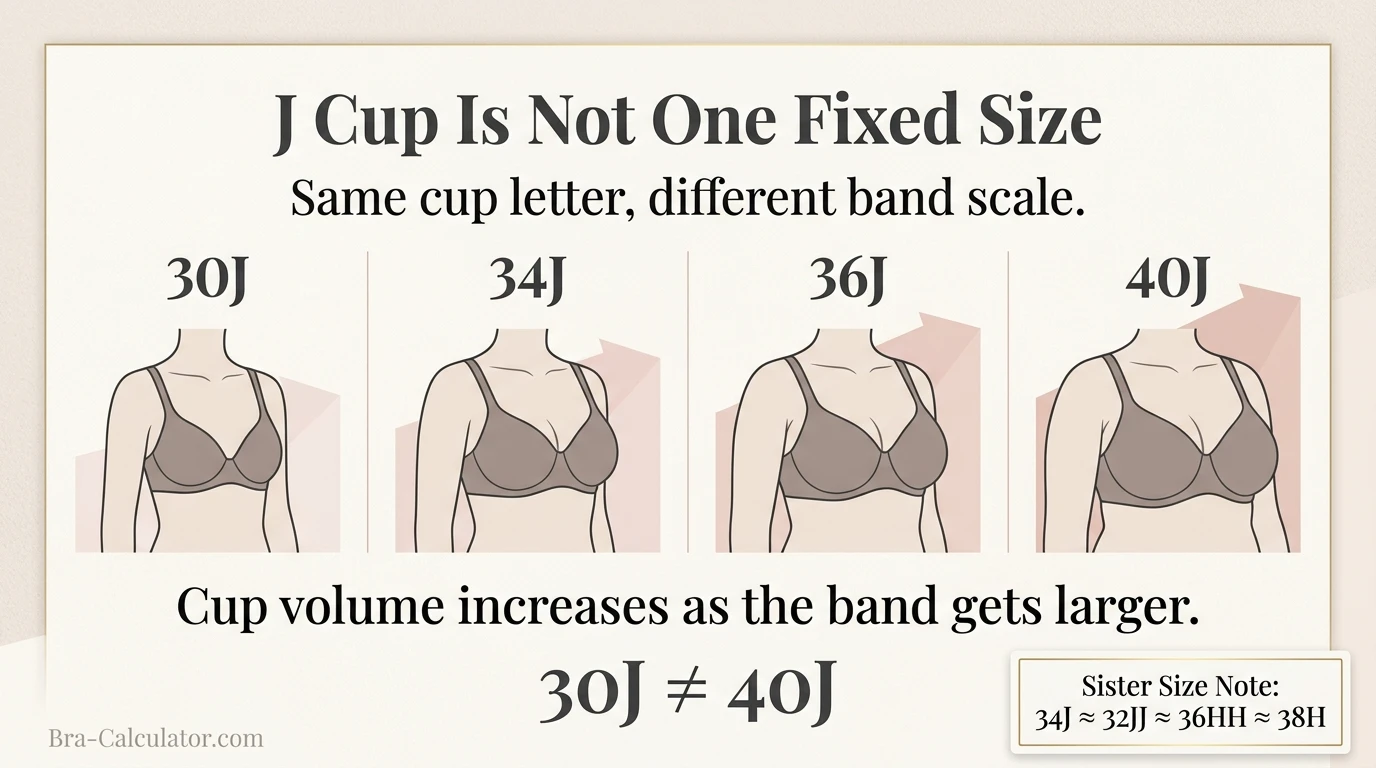 J cup visual comparison on different band sizes showing 30J 34J 36J and 40J cup volume differences