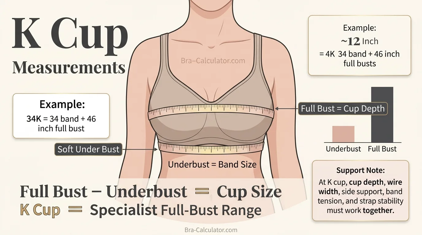 K cup size measurement infographic showing 12 inch difference between underbust and full bust with soft tape measure