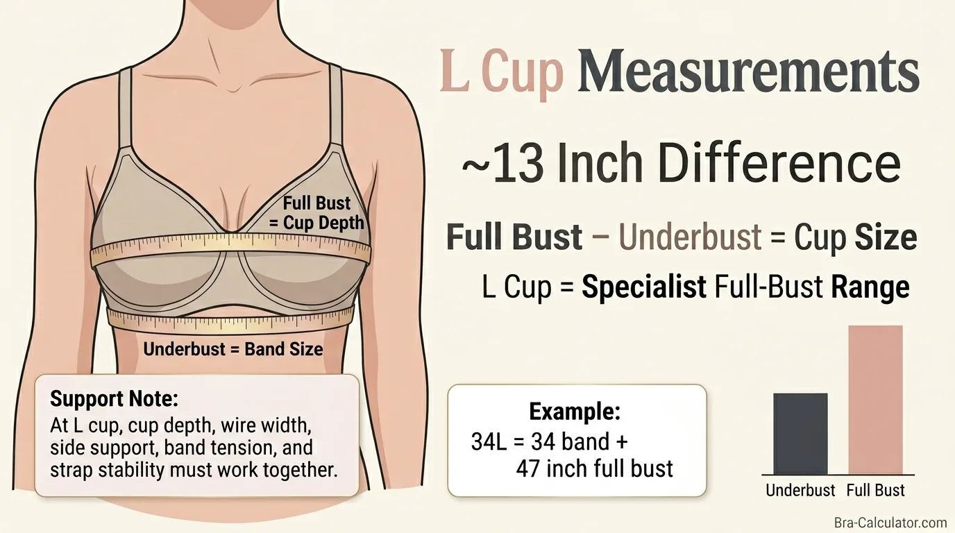 L cup size measurement infographic showing 13 inch difference between underbust and full bust with soft tape measure