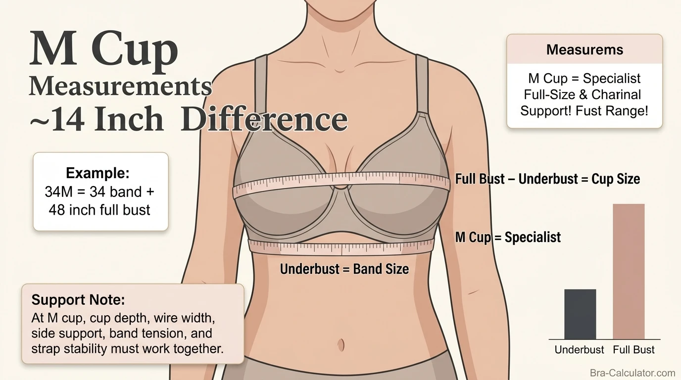 M cup size measurement infographic showing 14 inch difference between underbust and full bust with soft tape measure