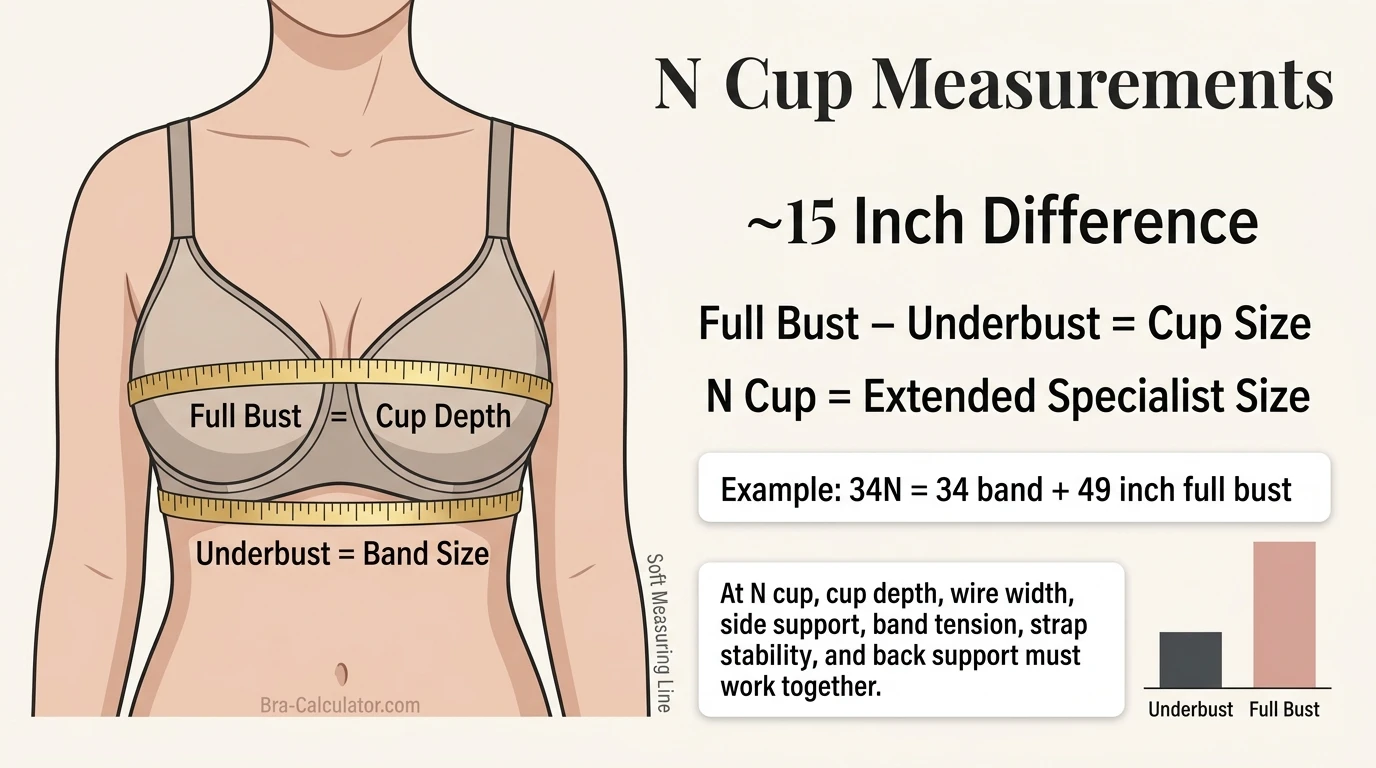 N cup size measurement infographic showing 15 inch difference between underbust and full bust with soft tape measure
