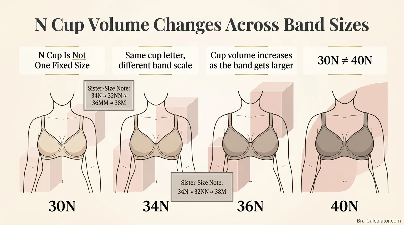 N cup visual comparison on different band sizes showing 30N 34N 36N and 40N cup volume differences