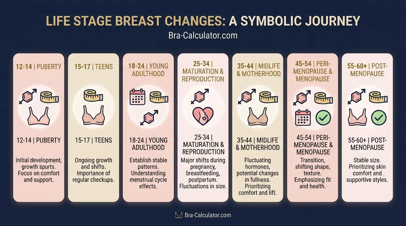 Infographic-style life stage guide showing breast size changes from puberty to menopause and post-menopause