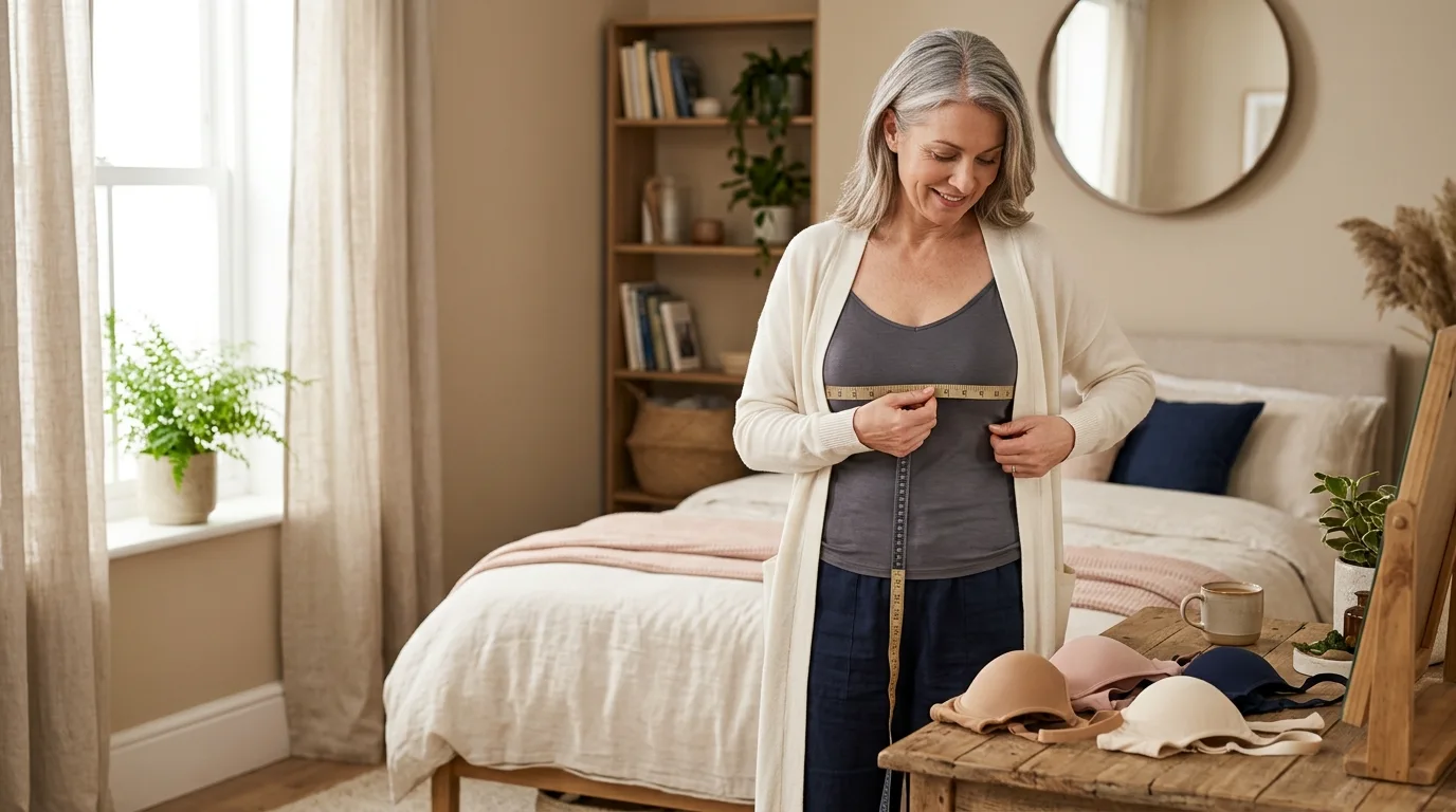 Mature woman in her late forties reviewing her bra fit, representing breast size changes during perimenopause