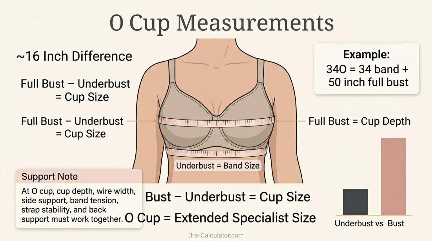 O cup size measurement infographic showing 16 inch difference between underbust and full bust with soft tape measure