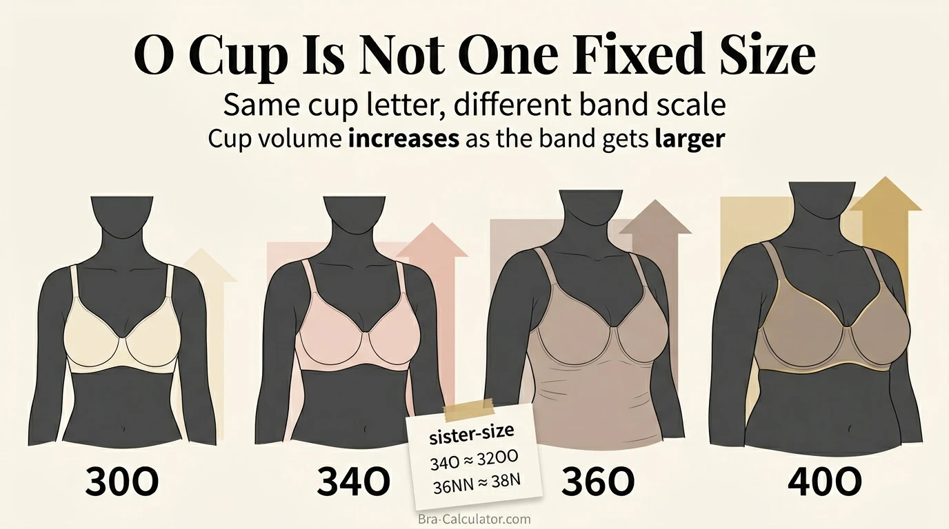 O cup visual comparison on different band sizes showing 30O 34O 36O and 40O cup volume differences