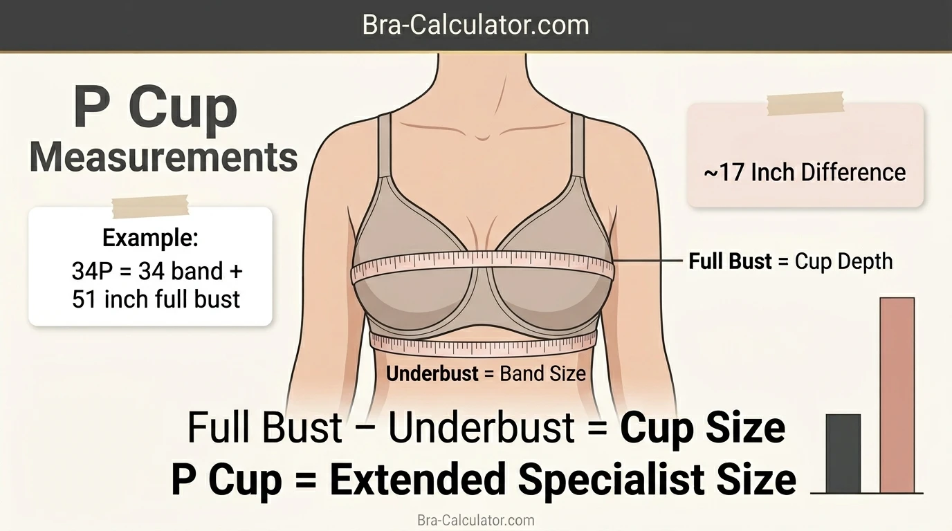 P cup size measurement infographic showing 17 inch difference between underbust and full bust with soft tape measure
