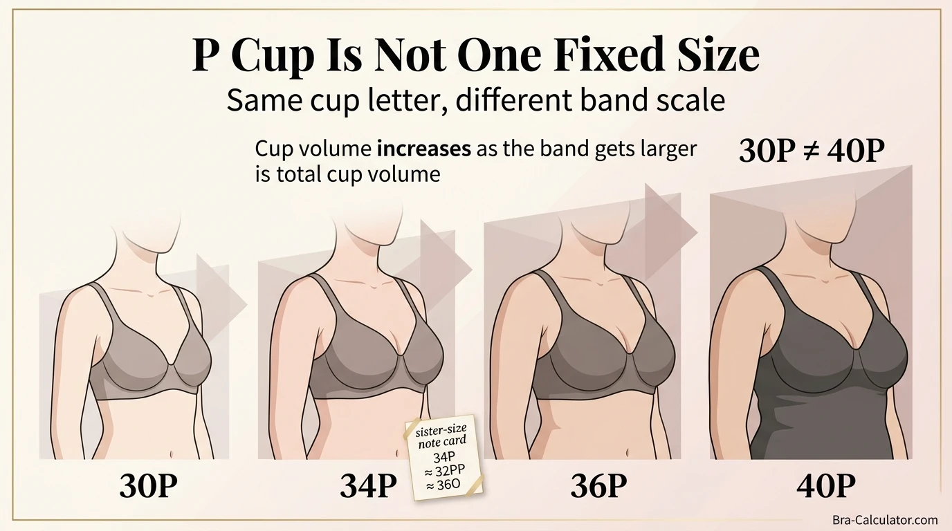 P cup visual comparison on different band sizes showing 30P 34P 36P and 40P cup volume differences