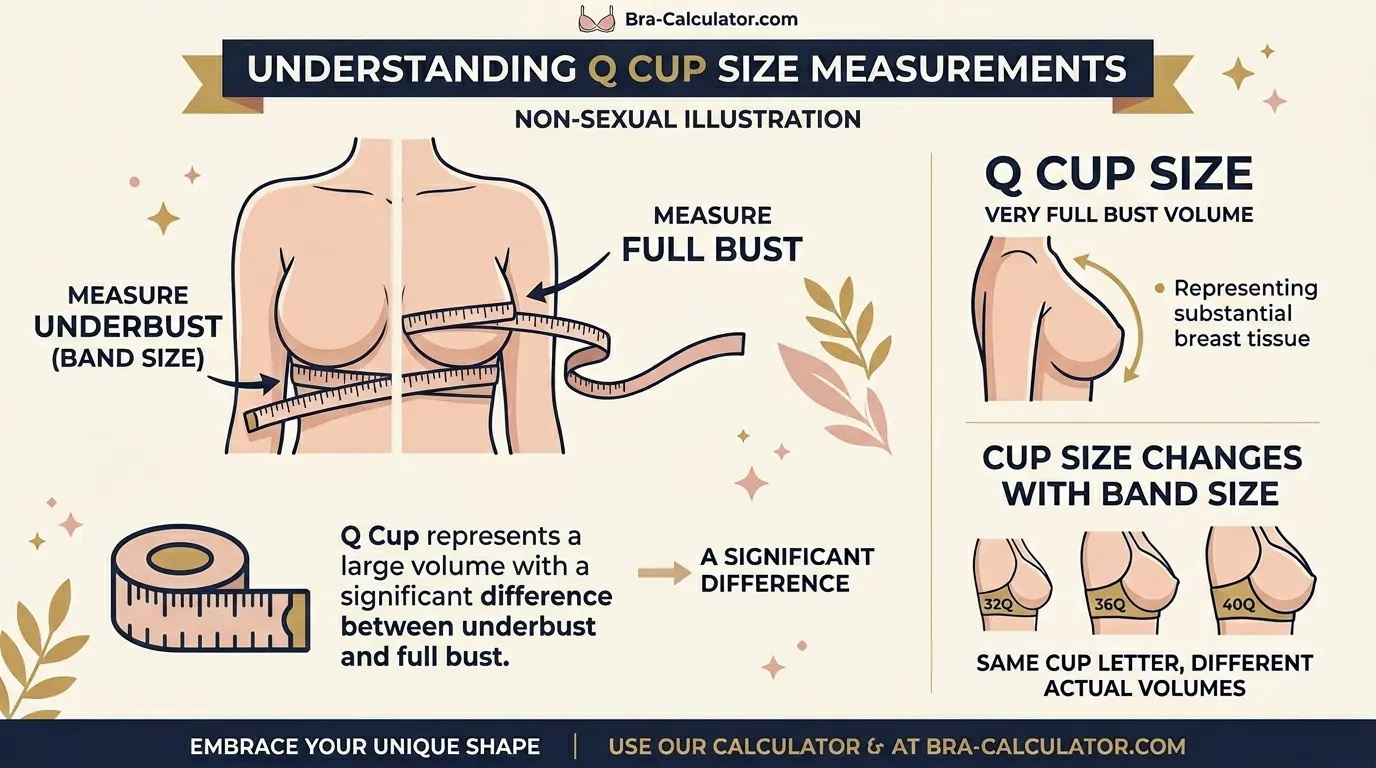 Q cup size measurement infographic showing 18 inch difference between underbust and full bust with soft tape measure