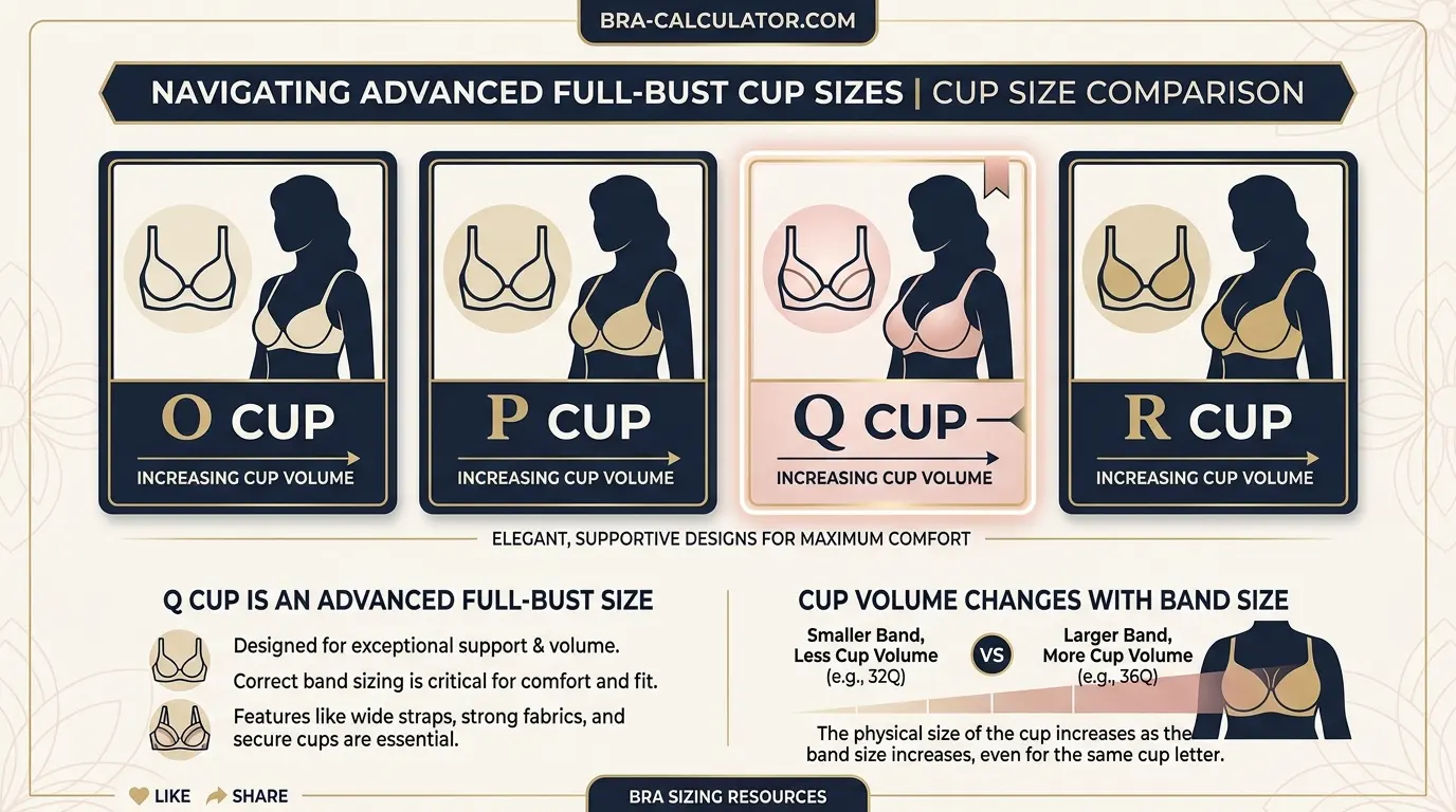 Q cup visual comparison on different band sizes showing 30Q 34Q 36Q and 40Q cup volume differences