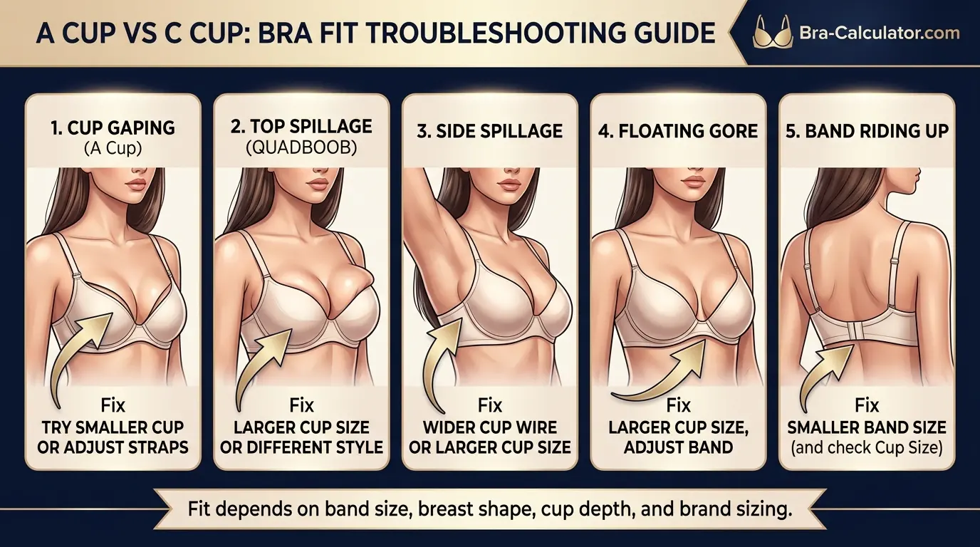 A Cup vs C Cup fit problem diagram showing gaping, spillage, floating gore, and band riding up