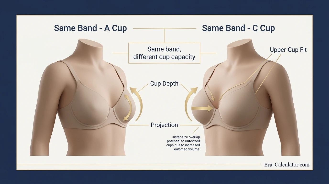 A Cup vs C Cup same-band visual volume comparison infographic