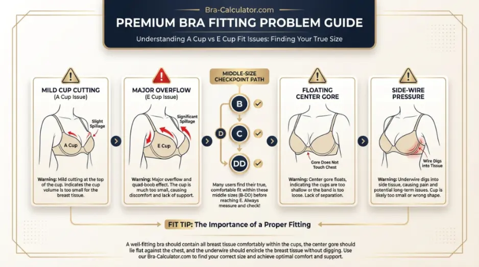 A Cup vs E Cup fit problem diagram showing mild cutting vs major overflow, floating gore, and middle-size checkpoints