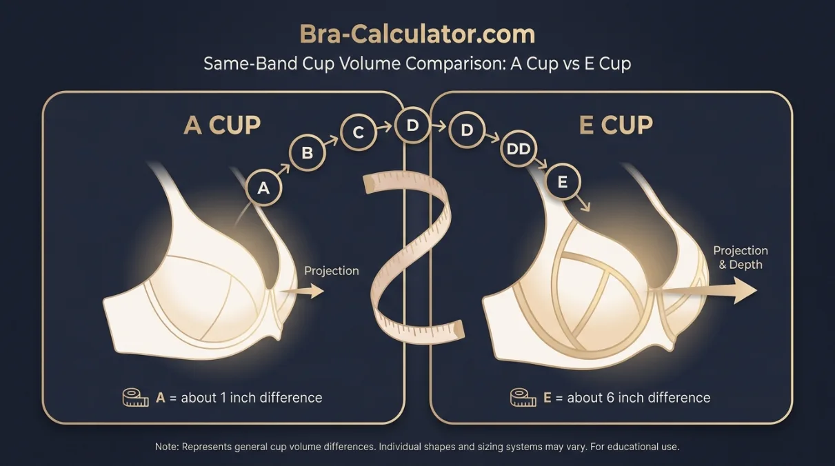 A Cup vs E Cup same-band visual volume comparison infographic