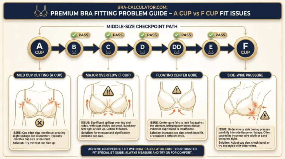 A Cup vs F Cup fit problem diagram showing mild cutting vs major overflow, floating gore, and middle-size checkpoints