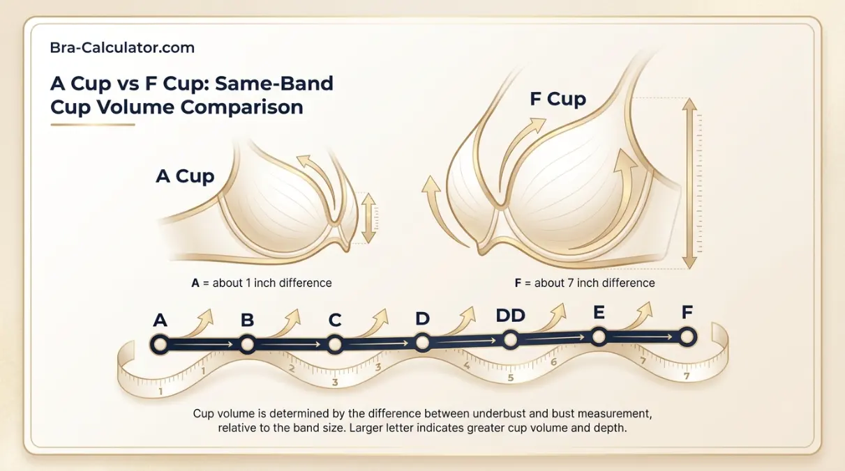 A Cup vs F Cup same-band visual volume comparison infographic
